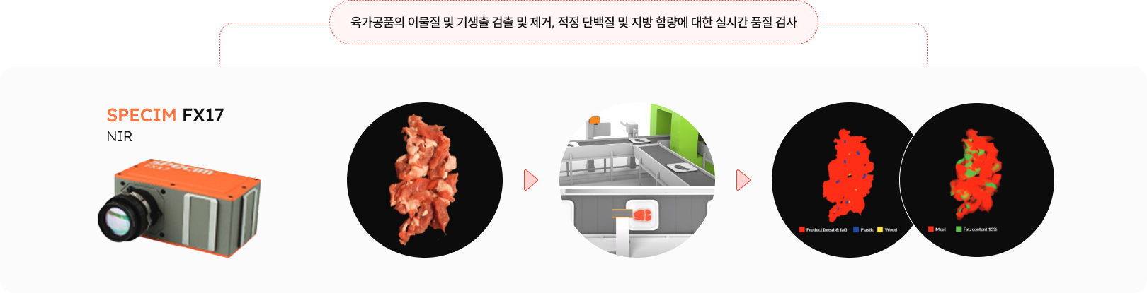 SPECIM FX17 — 육가공품의 이물질 및 기생충 검출 및 제거, 적정 단백질 및 지방 함량에 대한 실시간 품질 검사